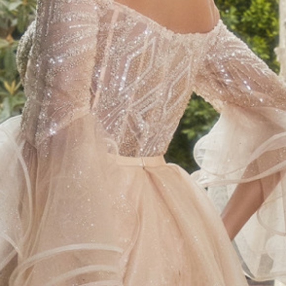 Champagne gold off the shoulder long sleeve floor length gown - Picture 9 of 15